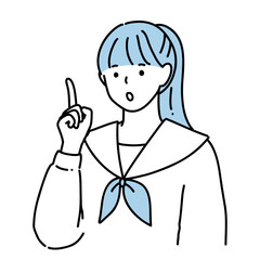 手描き　小さく口を開けた女子高生のイラスト　指差し　ブルー