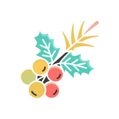 Illustration of holly with berries and leaf on transparent background