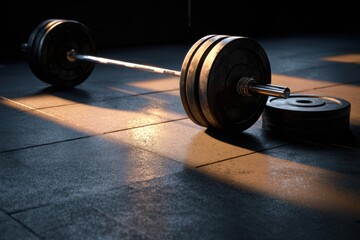 Weight training equipment on gym floor illuminated by low light creates a focused atmosphere for fitness enthusiasts and athletes