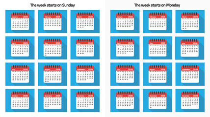 Monthly calendar templates for 2026. The week strats Sunday and Monday