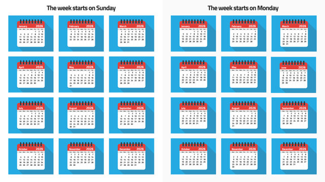 Monthly calendar templates for 2026. The week strats Sunday and Monday