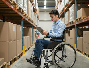 A man of Asian descent in a wheelchair is using a tablet to manage inventory in a large warehouse filled with cardboard boxes, showcasing the integration of technology and accessibility