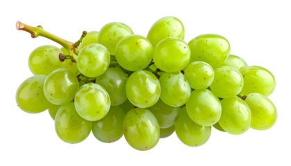 A cluster of translucent green grapes with stems, isolated on a transparent background