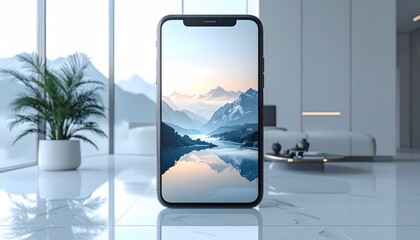 Modern smartphone displaying scenic mountain landscape at sunrise in minimalist interior setting