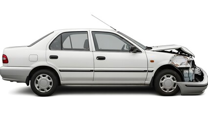 Fototapeta premium White sedan car with heavily damaged front end and bent hood automobile vehicle
