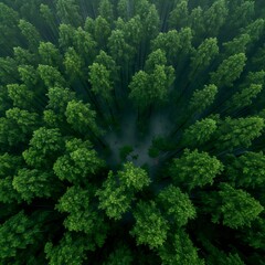 Aerial top-down view of dense green temperate forest with circular clearing at center, lush treetops creating radial pattern. 