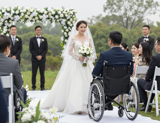 A beautiful wedding ceremony takes place outdoors, with a smiling bride in a white dress holding a bouquet of flowers. The groom is seated in a wheelchair, surrounded by happy guests