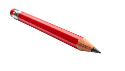 A close-up of a small, red pencil with a sharp tip and eraser against a black background