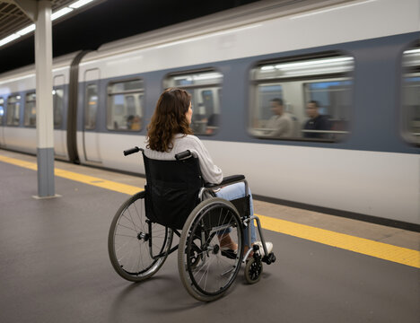A woman in a wheelchair waits at a train station as the subway approaches. The platform is bright, and other passengers are visible in the background. 