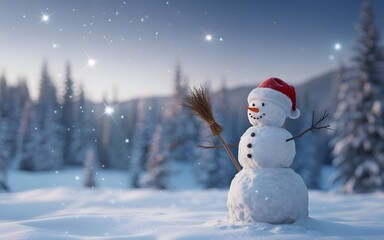 A cheerful snowman wearing a Santa hat stands in a snowy forest during a gentle snowfall