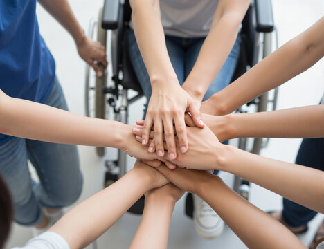 United hands show support and unity among friends surrounding a wheelchair, promoting inclusion and teamwork in a moment of compassion and solidarity