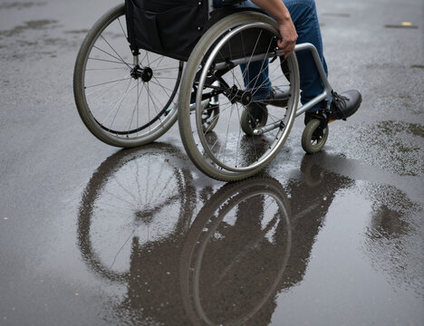 A person in a wheelchair is navigating on a wet surface, showcasing the reflection of the wheel and a sense of mobility. The environment is urban and the image captures resilience and independence