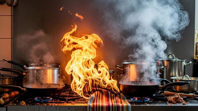 Kitchen fire hazard with towel burning on gas stove. Safety in the home. Fire safety concept for holidays.