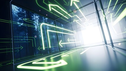 Una flecha verde que simboliza el crecimiento en un contexto de elementos digitales y vegetación, que representa el progreso en un contexto integrado de tecnología y naturaleza.