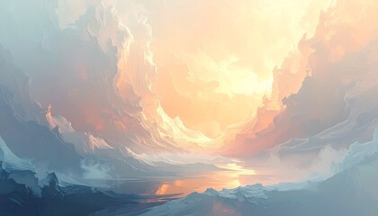 Dramatic mountain landscape with glowing sunrise illuminating clouds and icy peaks at dawn