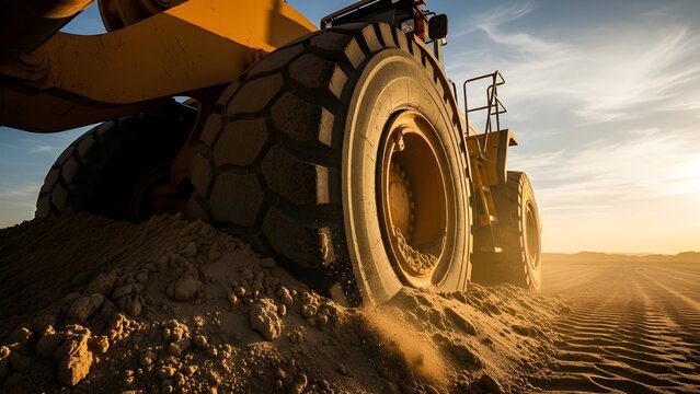 Veh&iacute;culo de construcci&oacute;n trabajando en sitio de construcci&oacute;n, primer plano de neum&aacute;ticos de maquinaria pesada en terreno arenoso, equipo industrial en acci&oacute;n, paisaje din&aacute;mico, movimiento de tierra