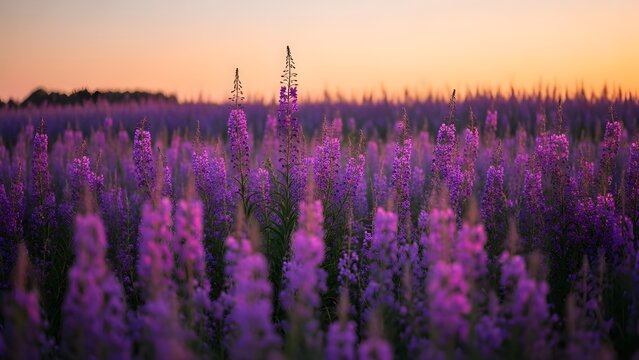 Tallos de trigo p&uacute;rpura contra el cielo del atardecer con suaves nubes rosadas, creando una escena natural atmosf&eacute;rica de ensue&ntilde;o con poca profundidad de campo y colores vibrantes.