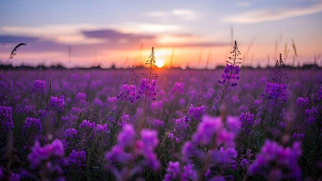 Tallos de trigo p&uacute;rpura contra el cielo del atardecer con suaves nubes rosadas, creando una escena natural atmosf&eacute;rica de ensue&ntilde;o con poca profundidad de campo y colores vibrantes.