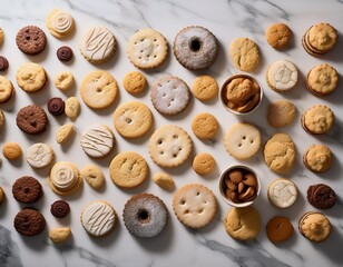 Obraz premium Assorted cookies and pastries flat lay dessert pattern on marble table