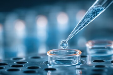 Scientist uses precision pipette to transfer liquid sample in laboratory setting while conducting research at a modern facility
