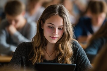 Focused student using tablet in warm classroom setting with engaged peers learning around her