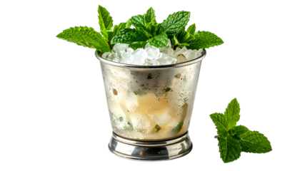 A silver cup filled with crushed ice, a drink, and fresh mint sprigs