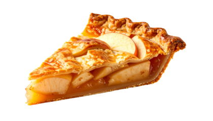 A slice of apple pie with golden crust, layered apple filling, isolated on black