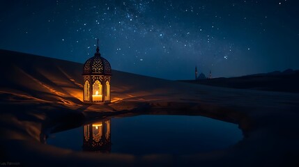 Peaceful Desert Oasis at Night with Glowing Lantern on Sand and Starry Sky - Islamic Background