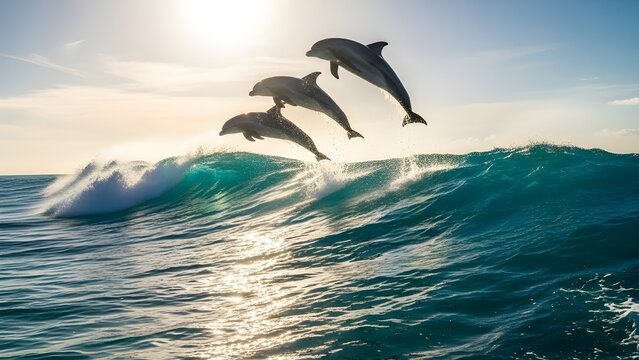 Delfines juguetones saltando sobre olas rompientes.
 Paisaje de vida silvestre del Oc&eacute;ano Pac&iacute;fico de Hawaii.
 Animales marinos en h&aacute;bitat natural.