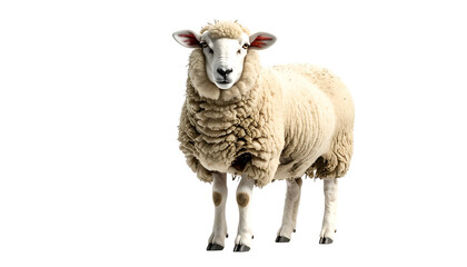 Fototapeta premium A front-facing portrait of a sheep with a fluffy white fleece and a black background