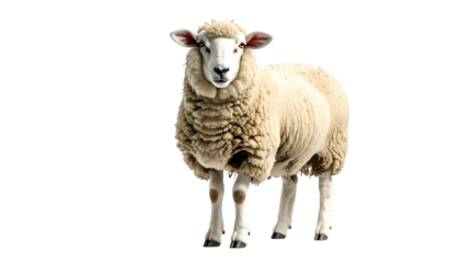 A front-facing portrait of a sheep with a fluffy white fleece and a black background