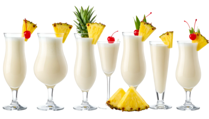 Seven creamy tropical cocktails with pineapple and cherry garnishes in various elegant glasses