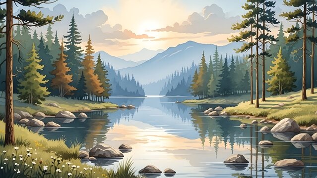 Un paisaje tranquilo con aguas serenas, exuberante vegetaci&oacute;n y monta&ntilde;as distantes, perfecto para amantes de la naturaleza y entusiastas del arte.