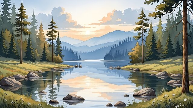 Un paisaje tranquilo con aguas serenas, exuberante vegetaci&oacute;n y monta&ntilde;as distantes, perfecto para amantes de la naturaleza y entusiastas del arte.