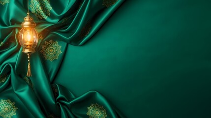 Luxurious Dark Green Silk or Satin Drapery with Soft Wavy Folds - Elegant Eid Background Material