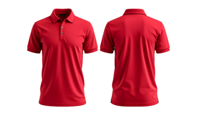 Front and back view of a vibrant red polo shirt with buttons and short sleeves