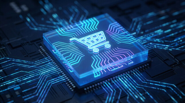 Neon shopping cart icon on futuristic microchip, digital ecommerce platform and online retail technology concept.