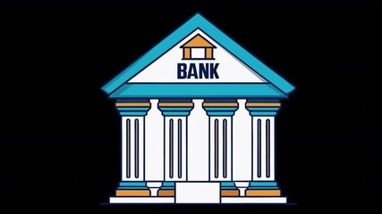 Classic bank facade. Animation of the pillars of finance, alpha channel. Cartoon