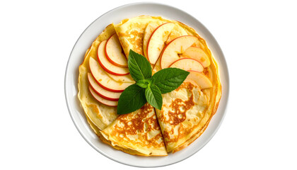 Delicious thin pancakes on a white plate, topped with apple slices and a sprig of fresh herbs
