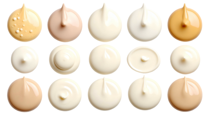 Fifteen cosmetic product swatches in a circular droplet form, on a black background