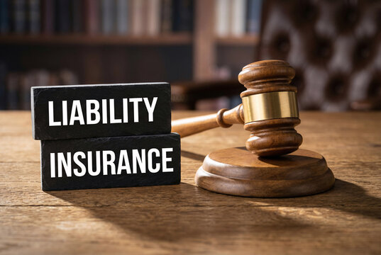 Liability insurance text with judge gavel on wooden desk, legal protection, lawsuit risk management and coverage concept.