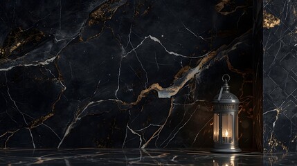 Luxury Black Marble Texture with Gold Veins and Lantern - Premium Dark Ramadan Copy Space