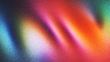 Soft colorful grainy gradient background with flowing waves of vibrant tones created from thousands of individual dots. Expressive multicolor gradient with soft waves and trendy grainy noise effect
