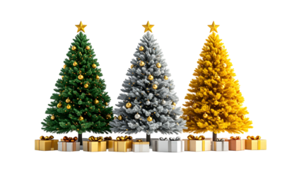 Three decorated fir trees in different colors with gifts beneath, on a black background