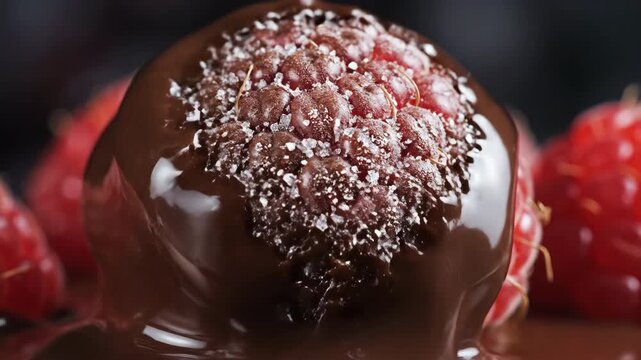 Extremely tight macro close-up shot showing liquid chocolate quickly hardening and crystallizing around the delicate, textured skin of a red raspberry ingredient, brown, quickly
