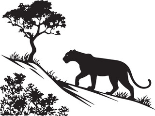 Black Panther Silhouette Walking on Slope with Tree and Grass Graphic Design © Silhouette Studio