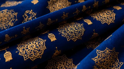 Elegant Blue Velvet Cloth with Gold Ornamental Print - Premium Eid Mubarak Background Material