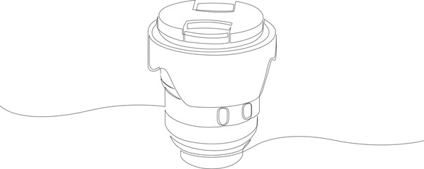 Continuous one line drawing of SLR or DSLR camera lens with cap and hood. Photography equipment concept single line draw design. Vector illustration.
