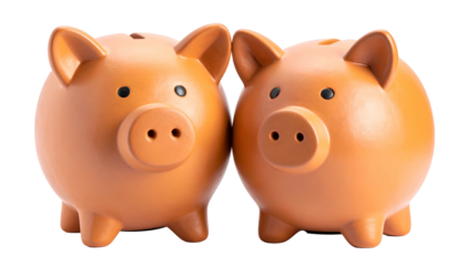 Two orange ceramic piggy banks side-by-side, angled, with visible eyes, snout, ears, and coin slots