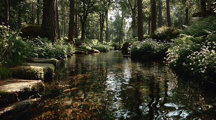 Tranquil stream winding dense sun dappled forest pictures
